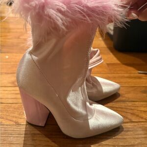 Pink Satin Ankle Boots with Feather Trim